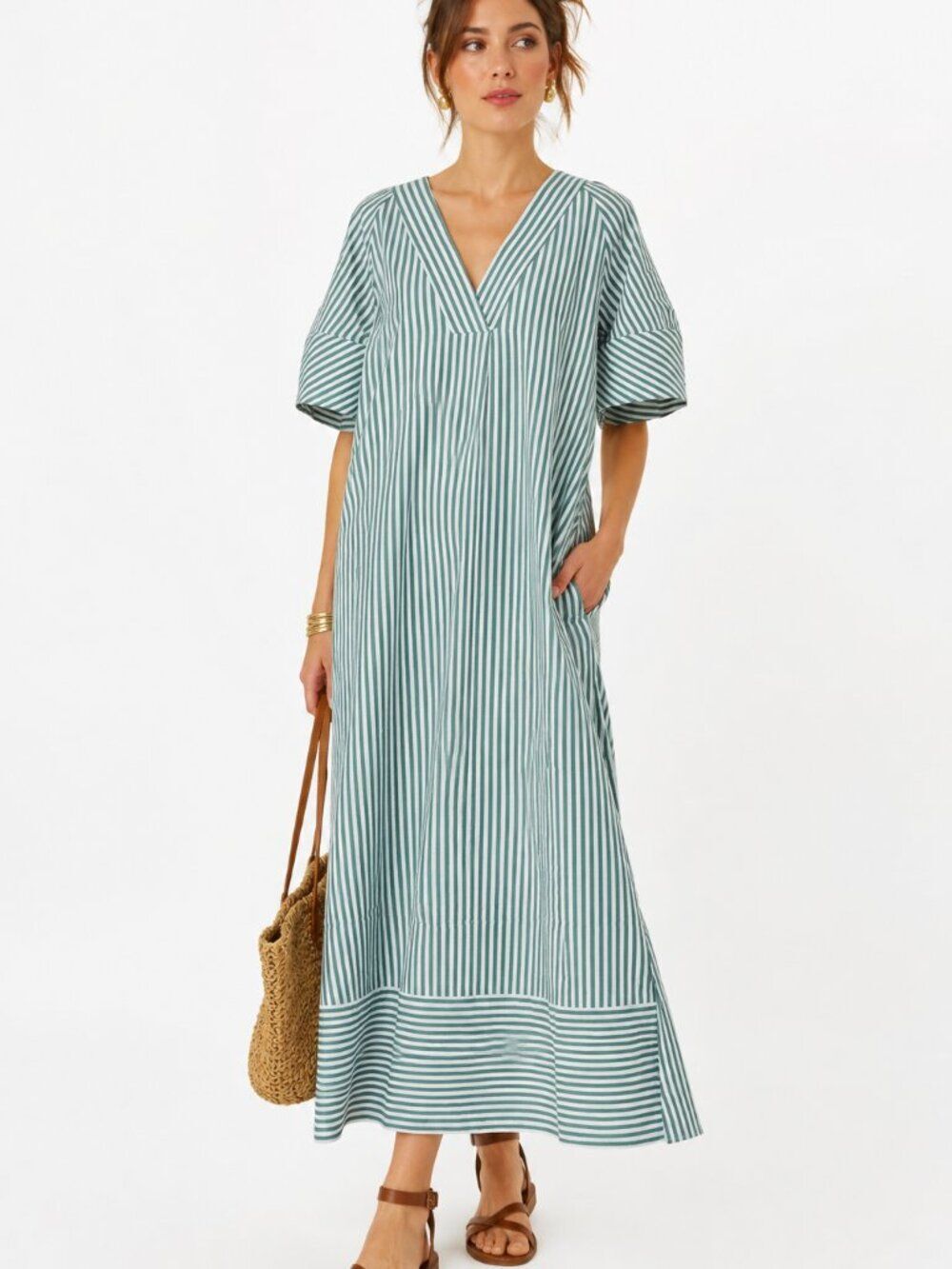 Karlie Striped Maxi Dress Womens Size Medium Long With pockets Cottagecore